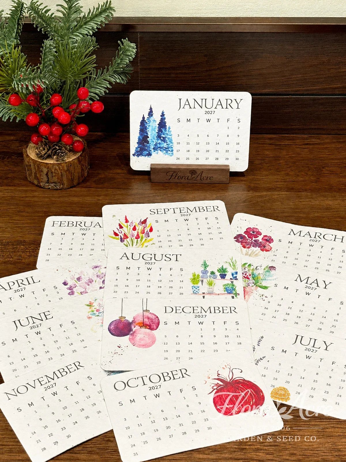 Twelve watercolor monthly cards from Timeless Plantable Seed Calendar 2027