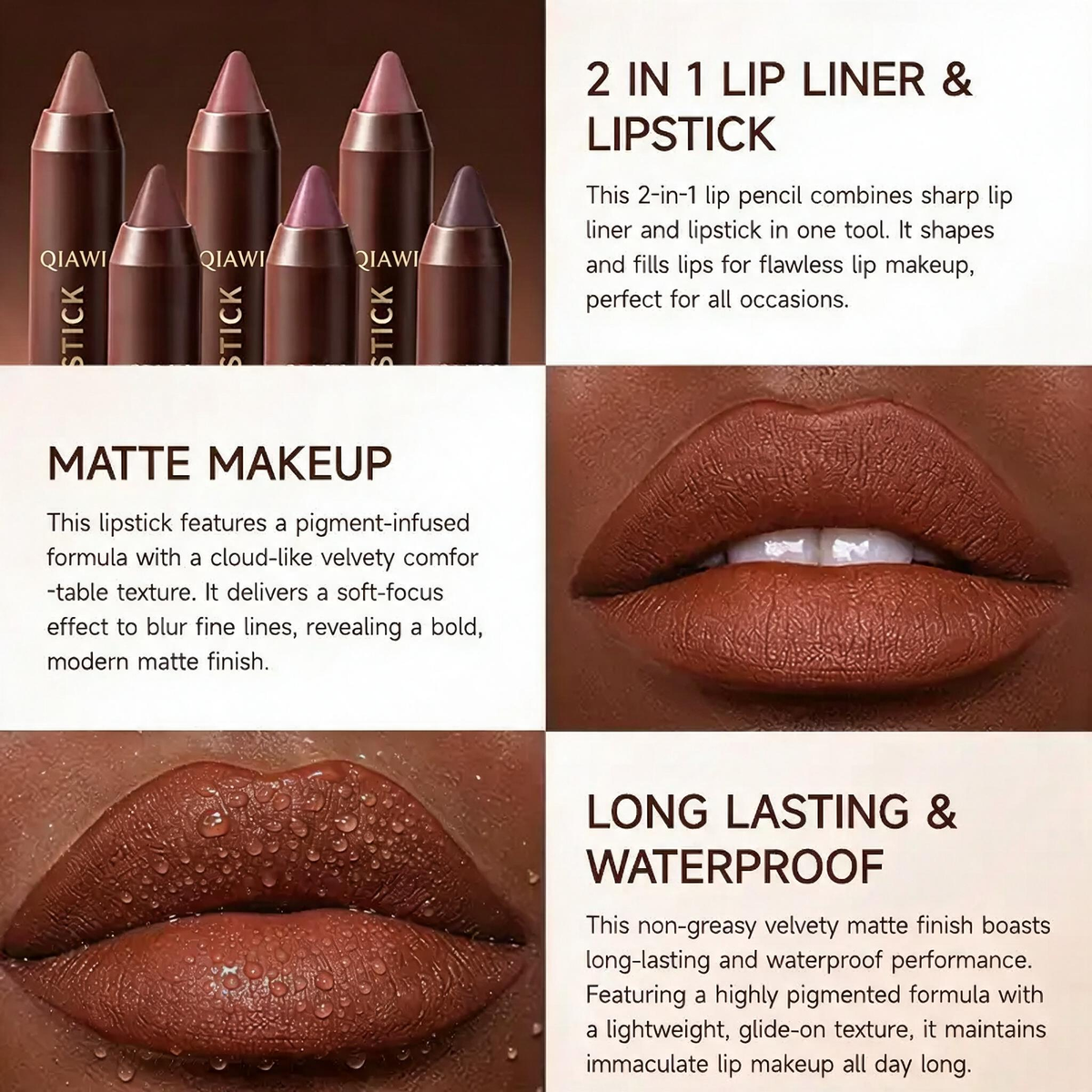 6-Piece Matte Brown Lipstick Set – Waterproof, Long-Wear & Less Transfer