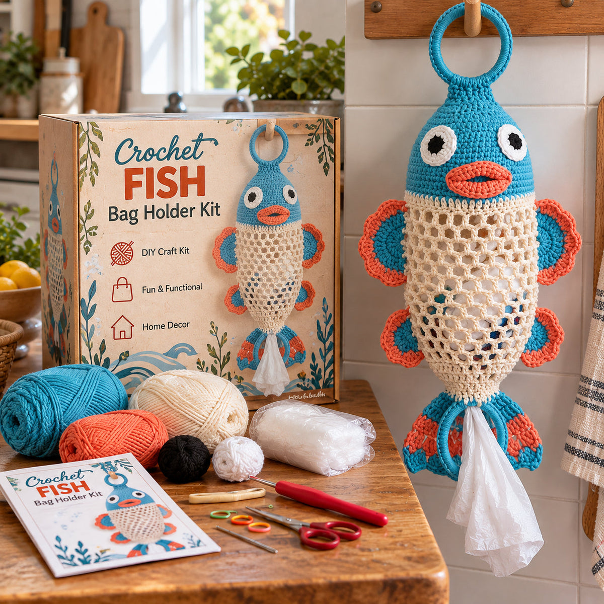 Crochet Animal Bag Holder DIY Kit - Cute & Functional Hanging Storage Craft Kit.