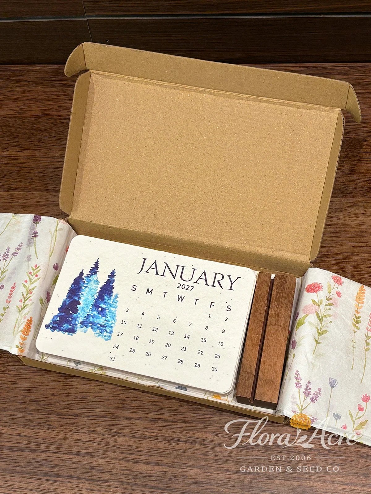 January seed paper calendar card and wooden stand inside gift box