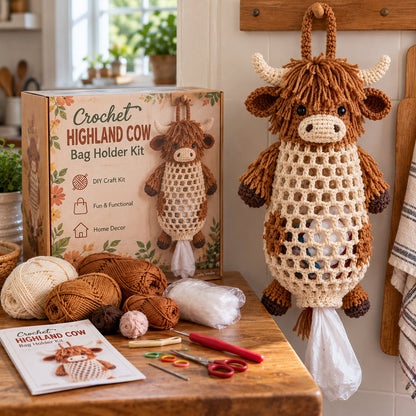 Crochet Animal Bag Holder DIY Kit - Cute & Functional Hanging Storage Craft Kit.