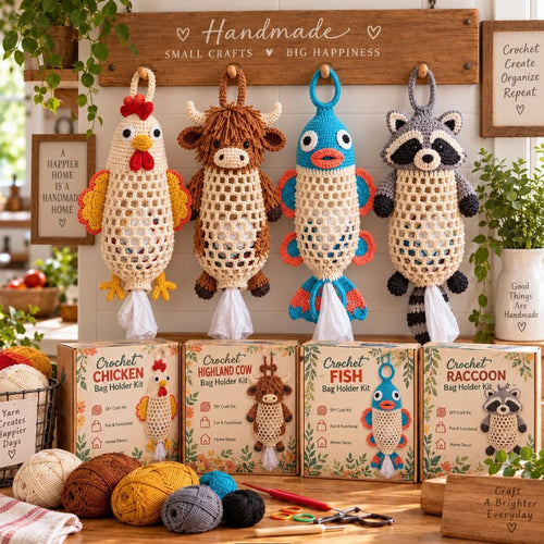 Crochet Animal Bag Holder DIY Kit - Cute & Functional Hanging Storage Craft Kit.