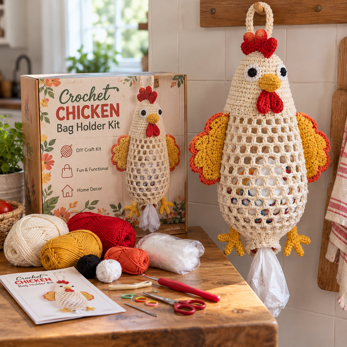 Crochet Animal Bag Holder DIY Kit - Cute & Functional Hanging Storage Craft Kit.