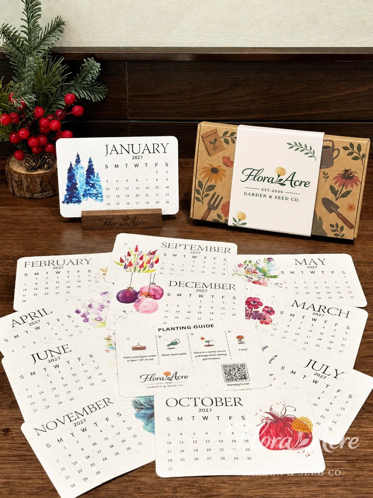 Complete Timeless Plantable Seed Calendar 2027 with twelve seed paper cards and wooden stand