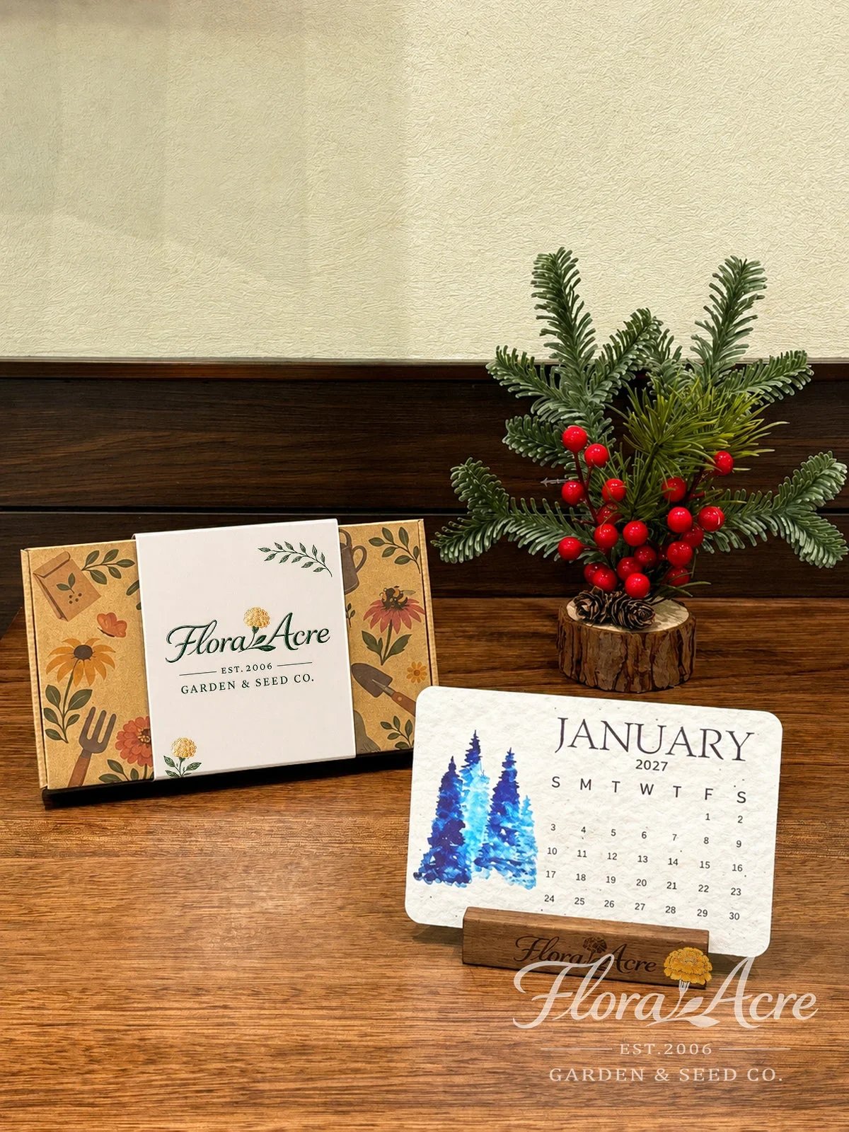 January 2027 plantable seed calendar card displayed in wooden stand